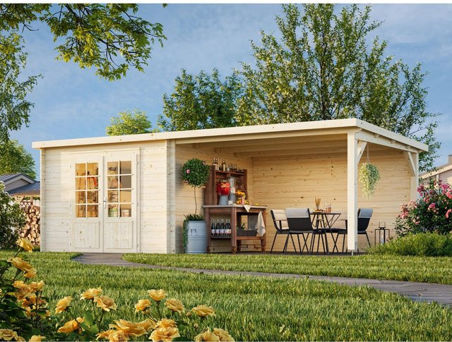 Palmako Ella Holz-Gartenhaus Grau mit Flachdach und Blockbohlenbauweise B: 652 cm, T: 300 cm - Bild 1