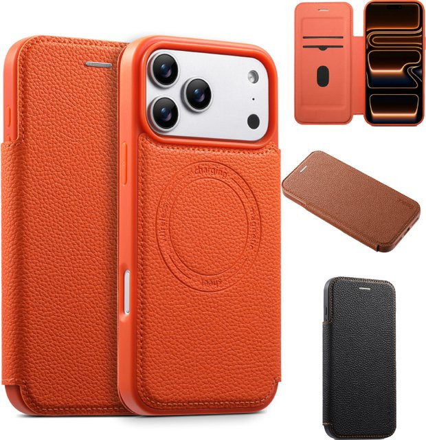 Leder Handyhülle Flip Wallet mit Kartensteckplatz für Apple iPhone 17 16 15 14 13 Pro Max Air Bumper Cover in Blau und Orange - Bild 1