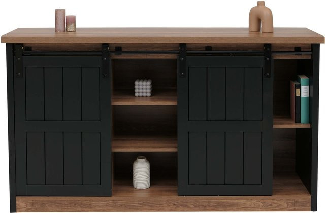 Sideboard MCW-K75 Highboard Regal mit Schiebetüren in Industrial Design aus Holz-Optik und Metall, braun-schwarz, B/T/H: 150 x 40 x 84 cm - Bild 1