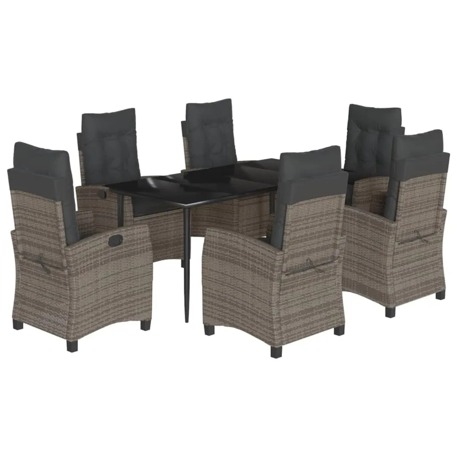 vidaXL 7-teilige Garten-Essgruppe aus grauem Poly-Rattan mit Kissen und Glastisch - Bild 2