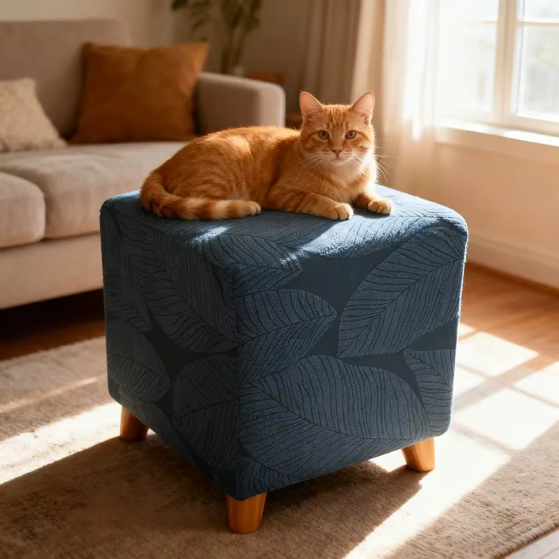 WANERQU Jacquard Ottoman-Bezug, elastischer und abnehmbarer Fußhocker-Überzug in Blau, waschbar - Bild 5