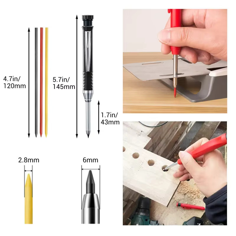 Professioneller Zimmermanns-Markierstiftspitzer mit 3 Farbminen in Gelb für Holzbearbeitung, Bau und Tischlerei (2,8 mm) - Bild 5