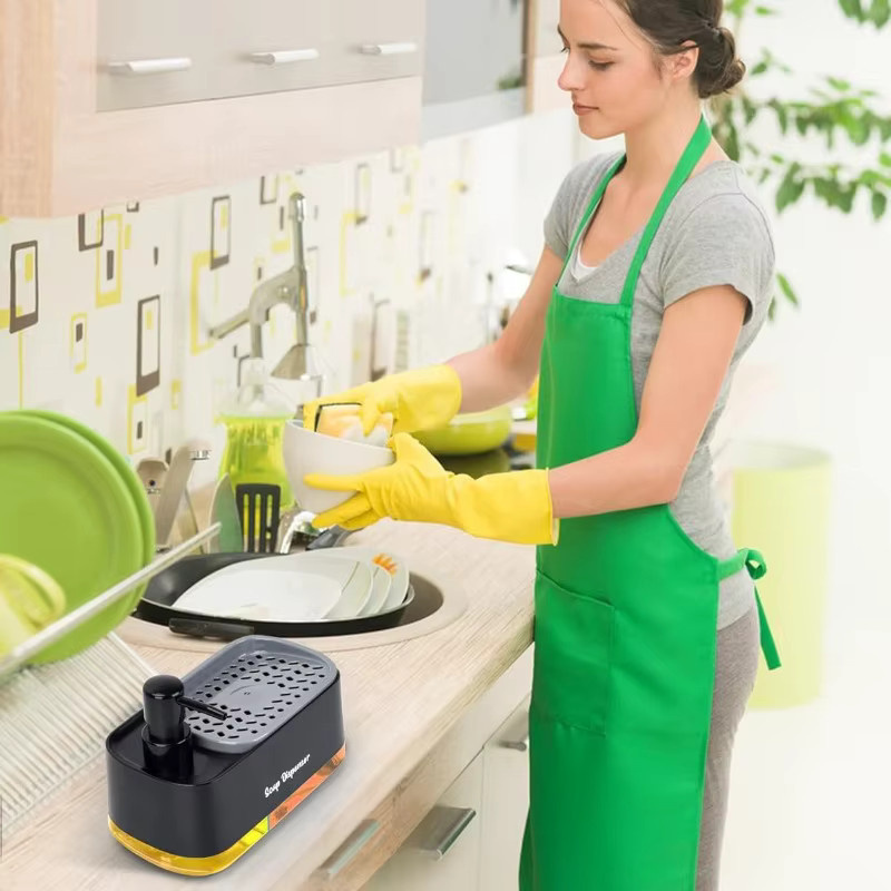 Trebalena 3-in-1 Doppelpumpen-Seifenspender-Set mit Schwamm-Aufbewahrungsbox in Schwarz für Spüle und Arbeitsplatte - Bild 2