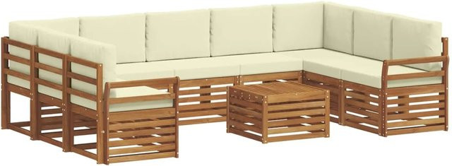 vidaXL Sofagarnitur 10-teilig in U-Form aus Massivholz Akazie, Farbe Natur und Creme, mit Polsterkissen und Armlehnen - Bild 1