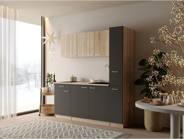 Respekta Ingrid Singleküche modern in Grau mit Apothekenschrank, Breite: 180 cm, Höhe: 200 cm, Tiefe: 60 cm - Bild 1