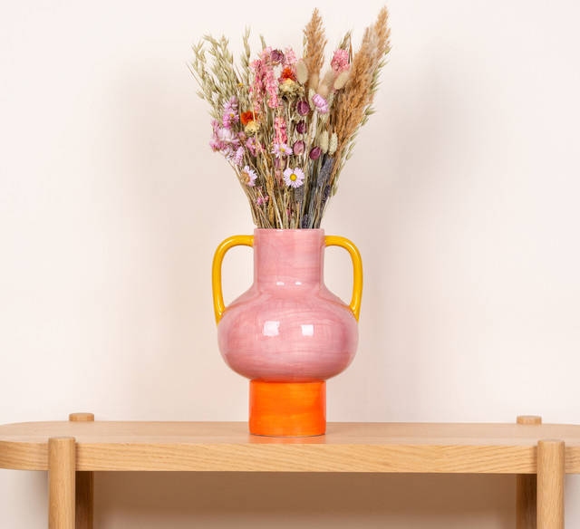 Keramikvase mit Henkel von BLUME2000 in Pink, Orange und Gelb, Höhe: 30,0 cm, Breite: 19,0 cm, Tiefe: 19,0 cm - Bild 1