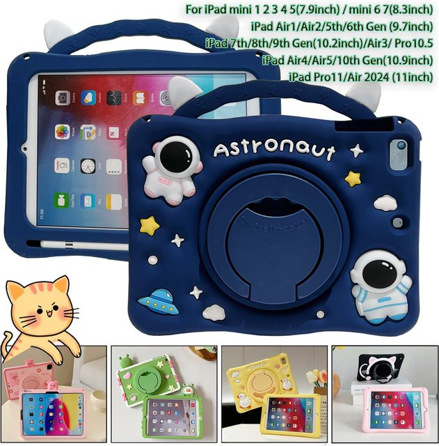 Cnaouey Funda Kinderhülle für iPad 7. 8. 9. 10. Generation Silikonhülle mit Drehständer in Blau - Bild 1