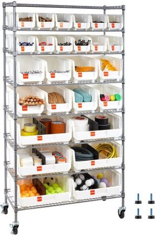 VEVOR Rollbares Standregal mit 8 Ebenen und 26 Stapelboxen aus Stahl, Mobiles Lagerregal für Garage, Büro und Küche, B/T/H: 35,5 x 30,0 x 169,0 cm - Bild 1