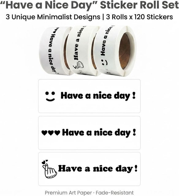 120 Stück Have a Nice Day Herz-Aufkleber in 3 Designs, weiße DIY-Etiketten für Notizbücher und Geschenke, B: 2,5 cm, H: 7,6 cm - Bild 1