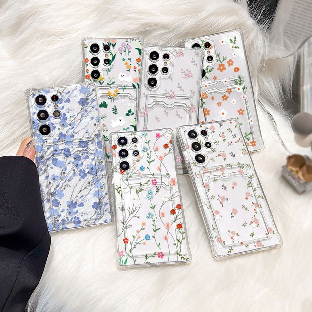 Silikon Handyhülle mit Kartenhalter und Blumenmuster für Samsung Galaxy S25 Ultra, A56 5G, A55, A54, A53, S24 FE, S23, S22 Plus, A52 in Transparent - Bild 1