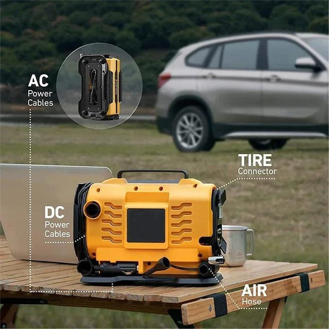 DWiusty Tragbarer Luftkompressor mit Dual-Power 110V-230V AC/DC, Reifenfüller für Auto, Boot, Fahrrad und Matratze in Gelb - Bild 1