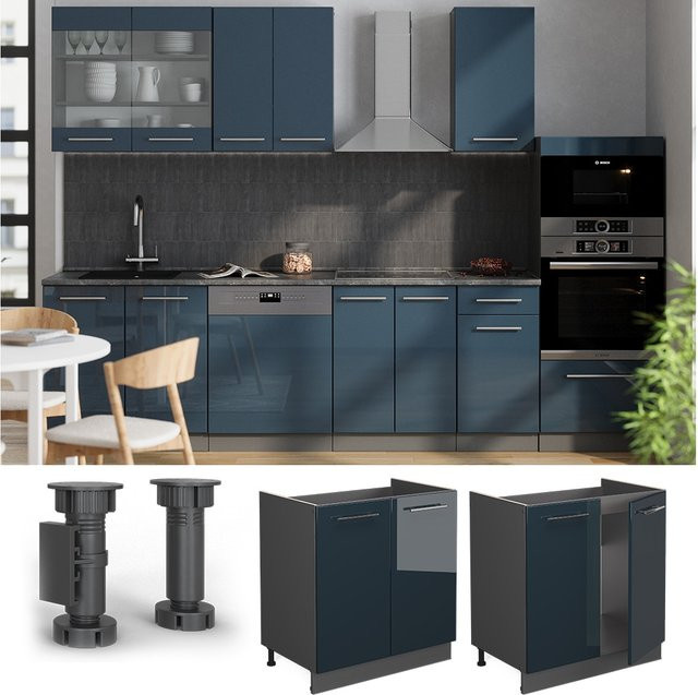 Vicco Spülenunterschrank Fame-Line in Dunkelblau Hochglanz und Anthrazit mit Arbeitsplatte, Breite: 80 cm - Bild 1