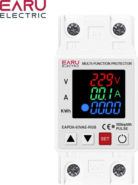 EARU Überstrom-Begrenzungsgerät mit Über- und Unterspannungsschutzrelais und kWh-Energiezähler, 63A, 230V, Weiß - Bild 1