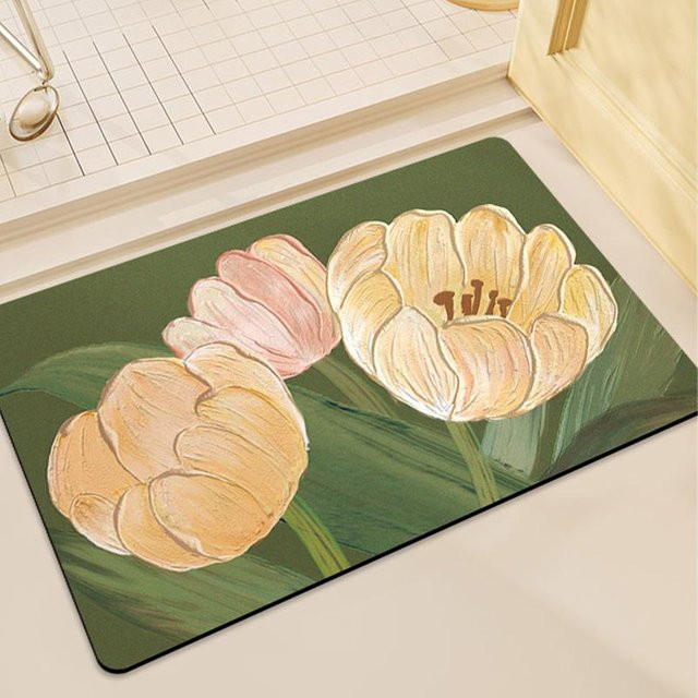 Yiran Furniture Badezimmer Diatomeenerde Bodenmatte Kamelie mit Blumenmuster, rutschfest und wasserabsorbierend, B/T: 60 x 40 cm - Bild 1