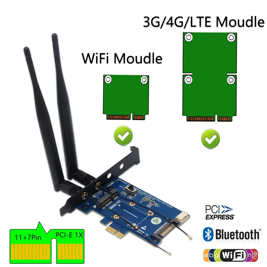 T.F.SKYWINDINTL PCI Express 1X zu Mini PCI-E Wireless Adapter Konverter Karte mit SIM Slot und 2 Antennen für 4G 3G LTE WWAN GSM Modem, Wifi und Bluetooth in Blau - Bild 3