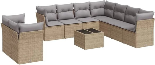 vidaXL 10-teilige Garten-Sofagarnitur aus Poly-Rattan in Beige mit Kissen und Gartentisch - Bild 1
