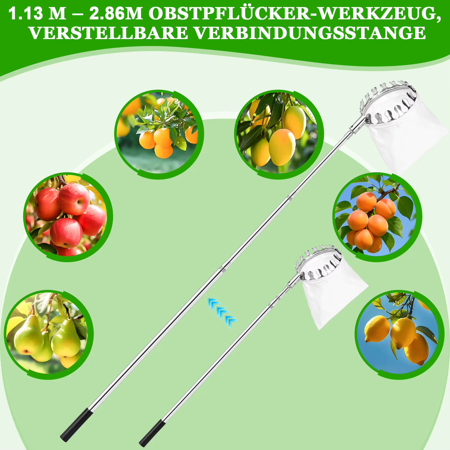 Verstellbarer Teleskop-Obstpflücker aus Edelstahl in Silber, Erntewerkzeug für Obstgarten mit einer Reichweite von 1,1 bis 2,86 m - Bild 2