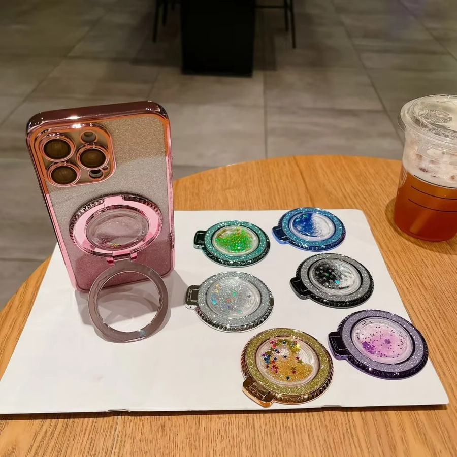Maerknon 360 Grad drehbarer Bling Treibsand Fingerringhalter mit Glitzer-Effekt in Grün und Multicolour als Handy-Halterung und Aufkleber - Bild 2