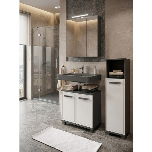 Schildmeyer Highboard Adana für das Badezimmer in Weiß Hochglanz und Anthrazit, B/H/T: 30,3 x 110,5 x 32,6 cm - Bild 2