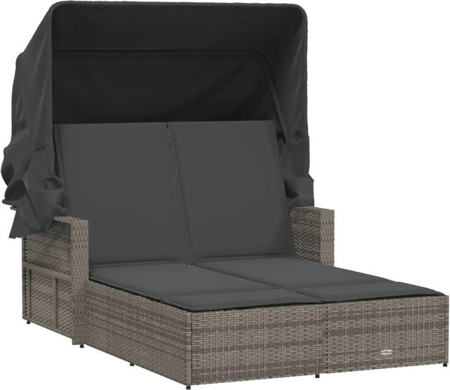 vidaXL Doppel-Sonnenliege aus Polyrattan mit Sonnendach und Auflagen, Grau - Bild 1