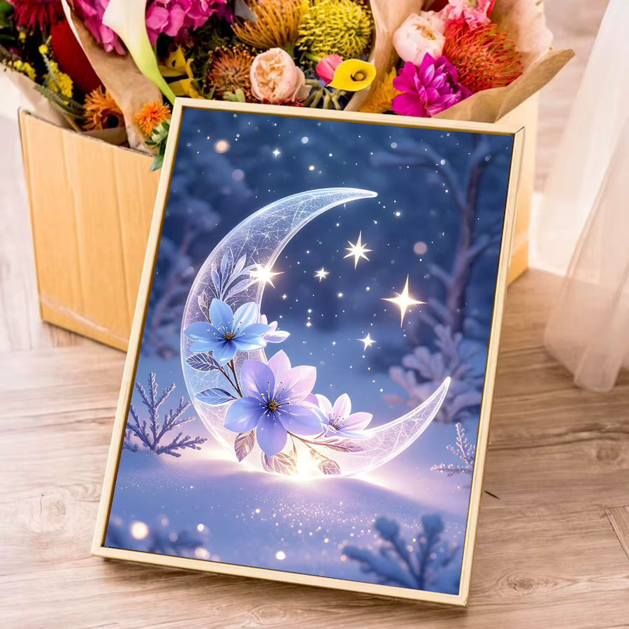 Huacan Diamantgemälde Bastelset mit Blumen und Mond im Winter-Design, B/H: 30 x 20 cm - Bild 3