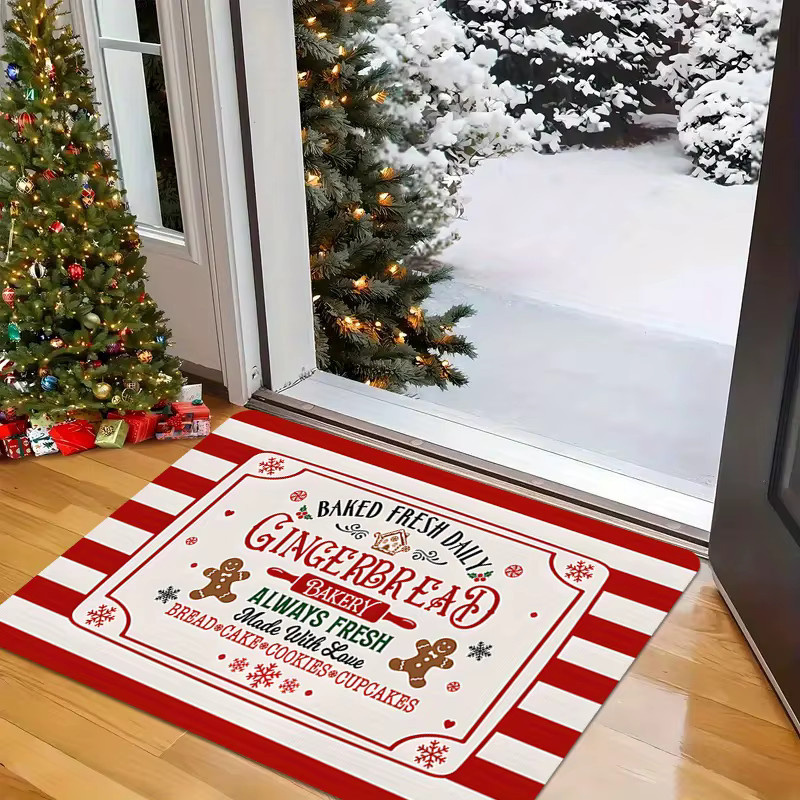 Rutschfeste Weihnachts-Fußmatte Lebkuchenmann in Rot-Weiß gestreift aus weichem Polyester, B/T: 60 x 40 cm - Bild 3
