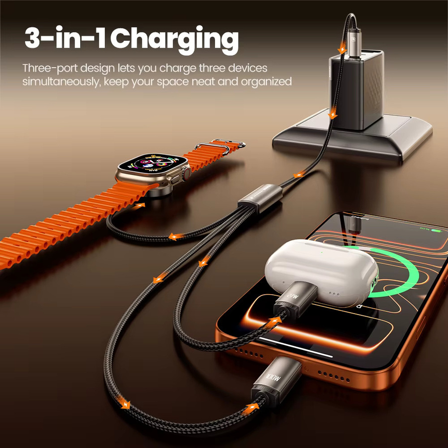 Toocki 3-in-1 USB-C-auf-C-auf-Lightning-Ladekabel mit Uhrenladegerät für iWatch, 100W Schnellladefunktion für iPhone 15, 16, 17 Pro, Schwarz oder Grau - Bild 2