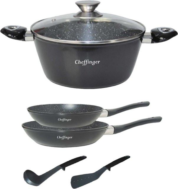 Cheffinger 6-teiliges Kochgeschirr-Set mit Antihaftbeschichtung und Keramikbeschichtung in Schwarz bestehend aus Kochtöpfen und Pfannen - Bild 1