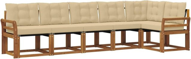 vidaXL Outdoor-Sofagarnitur 6-teilig aus Akazienholz und Textilene in Natur und Beige mit Kissen und Armlehnen im L-Shape Design - Bild 1