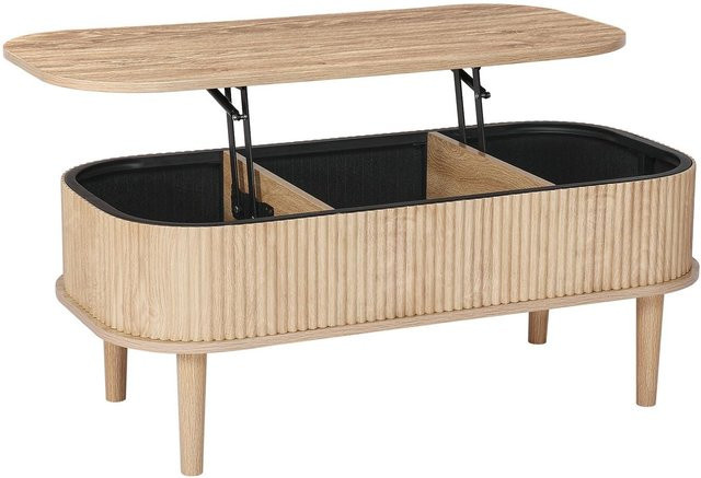 Ovaler Mid-Century Klapp-Couchtisch aus Holz in Braun mit anhebbarer Tischplatte und 3 Versteckfächern, Breite: 100 cm - Bild 1