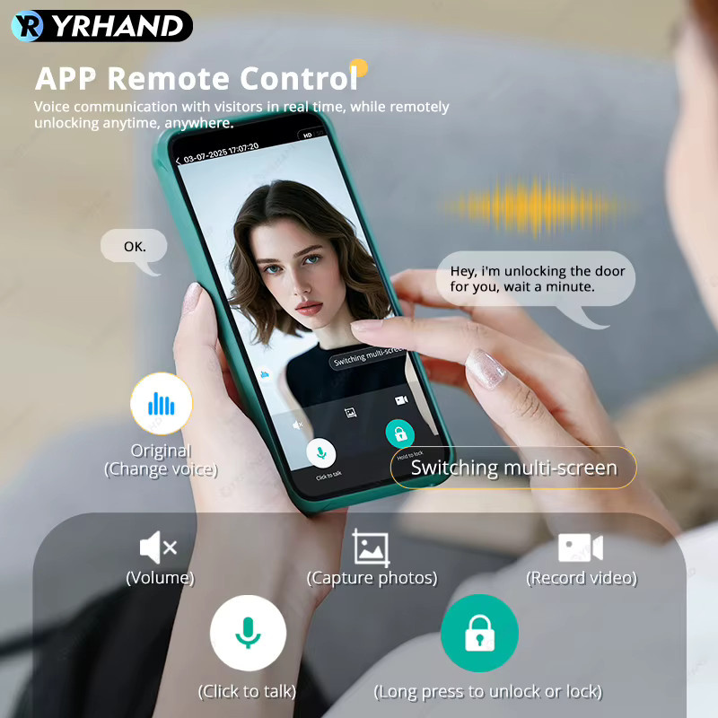 YRHAND Intelligentes Türschloss in Schwarz mit 3D-Gesichtserkennung, Handvenen- und Fingerabdruckerkennung, WLAN, App-Fernsteuerung und Video-Gegensprechanlage - Bild 4