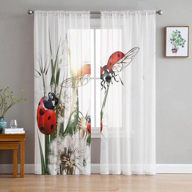 Transparente Voile-Vorhänge mit Löwenzahn- und Marienkäfer-Motiv in Weiß, Breite: 135 cm, Höhe: 137 cm - Bild 1