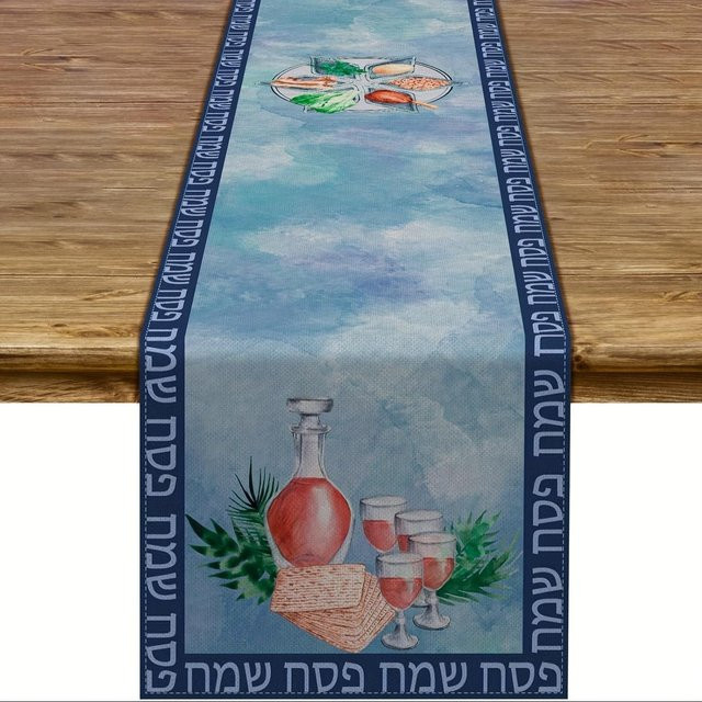 JMG Household Supplies Tischläufer Matze aus Leinen in Blau für Passah Seder Dekoration, Breite: 150 cm, Tiefe: 33 cm - Bild 1