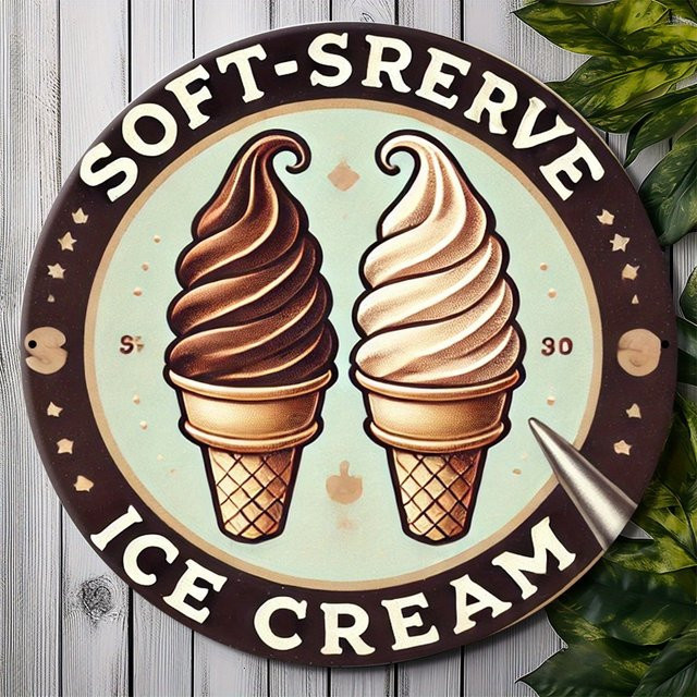 Potdemiel Vintage Soft-Serve Ice Cream Aluminium Wanddeko, runde Metall-Zierplatte mit Typografie-Design, Mehrfarbig, Durchmesser: 20 cm - Bild 1