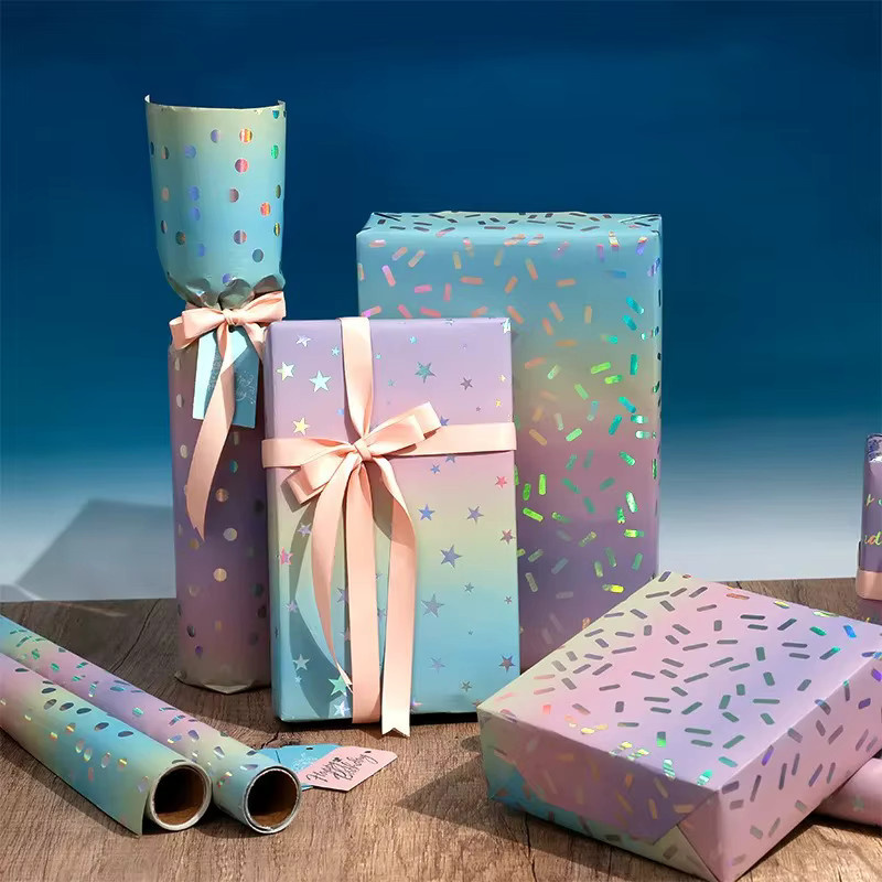Geschenkpapierrolle mit Laser-Regenbogen-Punkten und Sternen-Design, Mehrfarbig, Breite: 43 cm, Länge: 300 cm - Bild 2