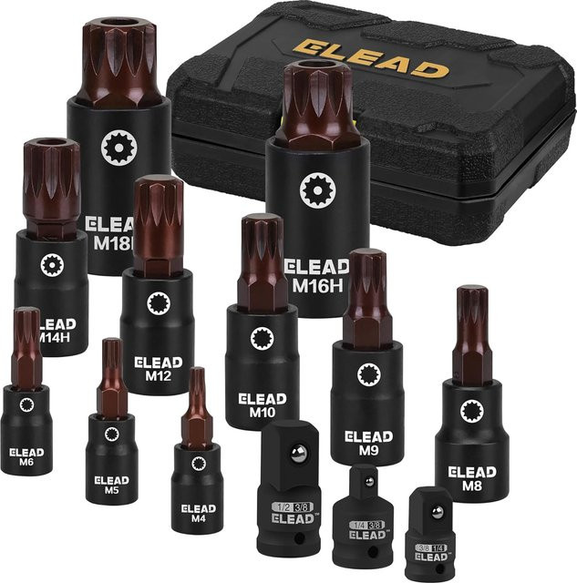ELEAD 13-teiliges XZN Triple Square Spline Bit Impact Socket Set aus S2 Stahl in Schwarz, M4 bis M18 mit Sockeladaptern - Bild 1