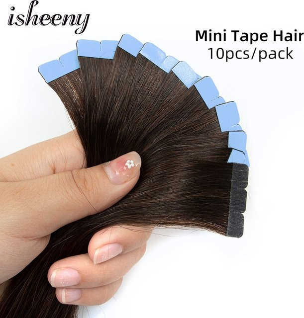 isheeny Mini Tape Haarverlängerungen Remy Echthaar, 30-60 cm, Schwarz Braun Blond - Bild 1
