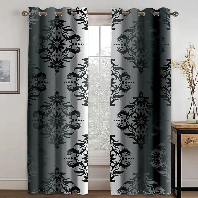 Yiran Furniture Luxus-Vorhänge mit abstraktem Barock-Druck aus Polyester, 2 Stück, Gold/Grau, B: 110 cm, H: 214 cm - Bild 1
