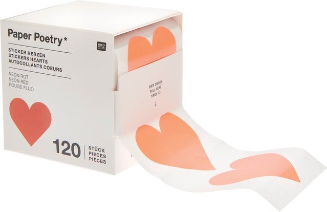 Rico Design Paper Poetry Sticker Herzen in Neonrot, 120 Stück auf der Rolle, Durchmesser: 5 cm - Bild 1