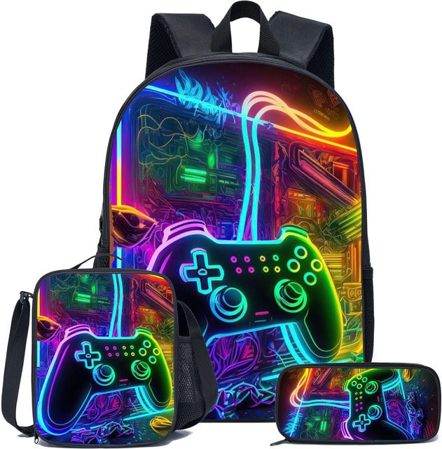 Fancy Style Studio 3er-Set Motiv-Schultaschen und Federmäppchen im Gamepad-Design, Mehrfarbig - Bild 1