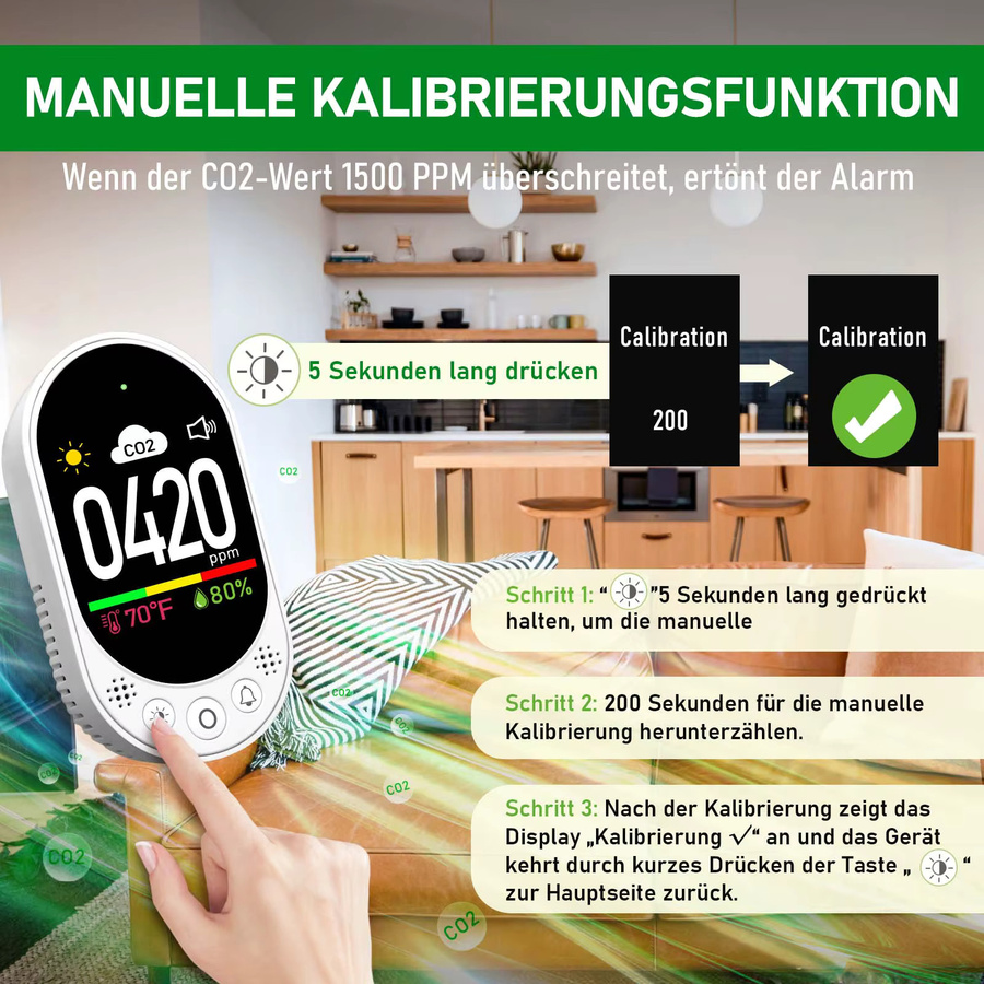 LSENLTY 3-in-1 CO2 Messgerät in Weiß zur Messung von CO2-Wert, Temperatur und Luftfeuchtigkeit mit Alarmfunktion und Handbuch - Bild 7