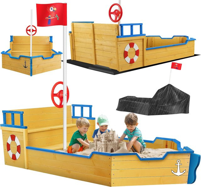 KIDIZ Sandkasten Ahoi Piratenschiff aus Holz inklusive Abdeckung, Bodenplane, Sitzbank und Sandspielzeug - Bild 1
