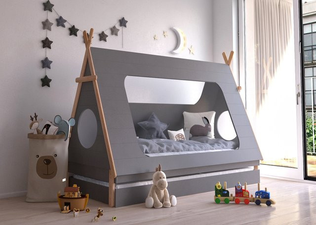 TPFLiving Kinderbett Fryak in Tipi-Form aus Kiefernholz mit Lattenrost, Grau, B/T/H: 90 x 200 x 105 cm - Bild 1