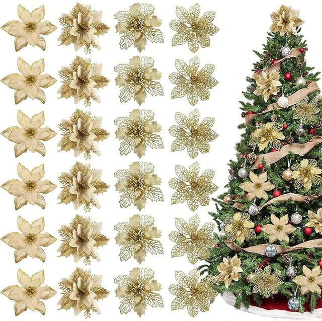 QIANHUAYU Weihnachtsbaum Anhänger Glitzer Pfingstrosen Kunstblumen in Gold und Silber für Weihnachtsdekoration und Neujahr - Bild 1