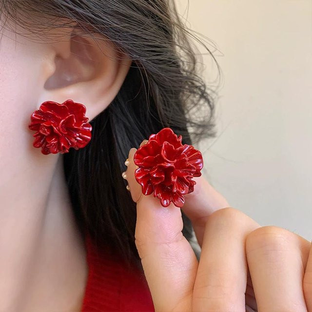 Ohrstecker Acryl, Weiß Rote Blume, Schwarz, Damen - Bild 1
