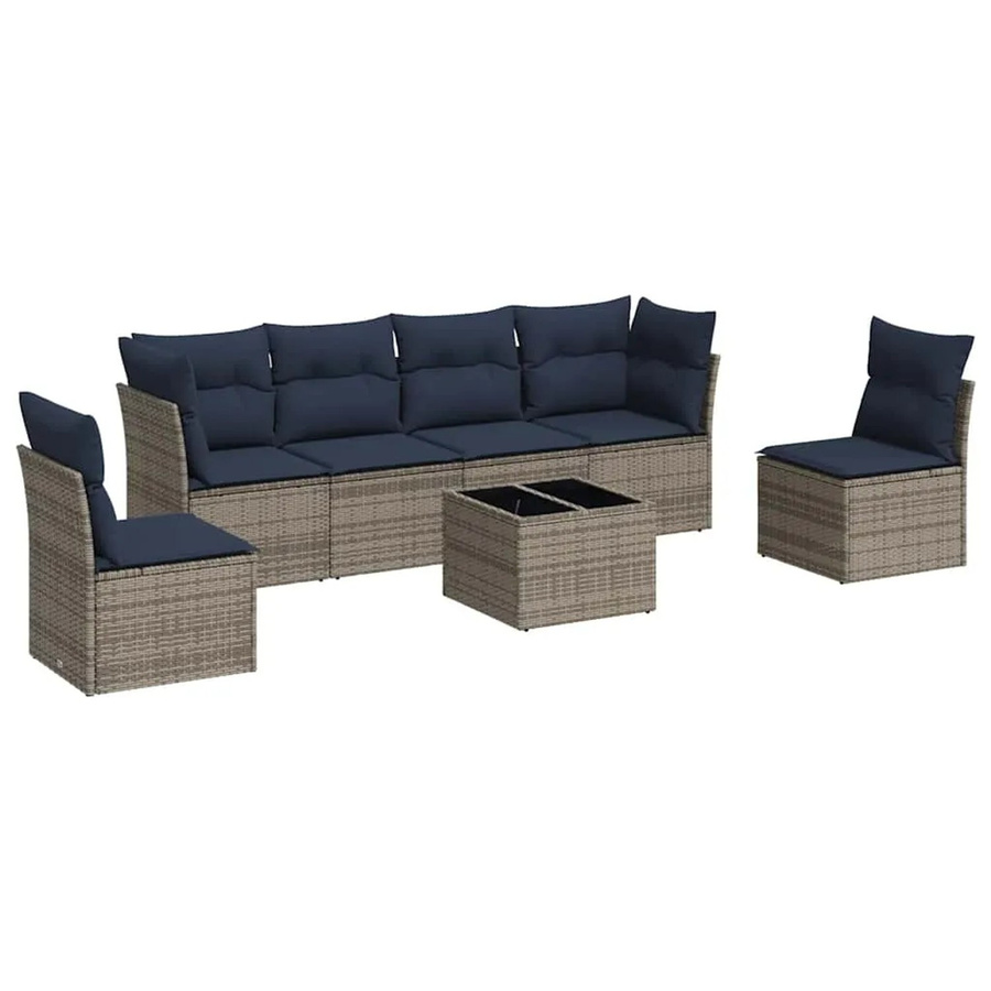 vidaXL 7-teilige Garten-Sofagarnitur in U-Form aus grauem Poly-Rattan mit Kissen und Gartentisch - Bild 2