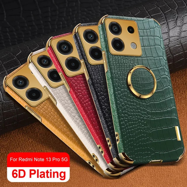 Stoßfeste Ledertasche mit 6D-Beschichtung und Goldrahmen für Xiaomi Redmi Note 13 Pro 5G und POCO X6 Pro 5G mit Magnethalter-Ring in Weiß und Gold - Bild 1