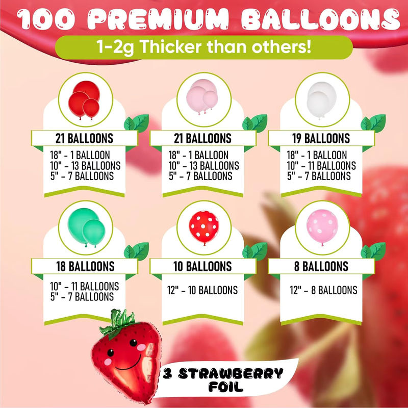 Erdbeer-Ballonbogen-Set mit Girlande in Rot, Rosa und Grün für deine Erdbeer-Kuchen-Party oder Geburtstage - Bild 2