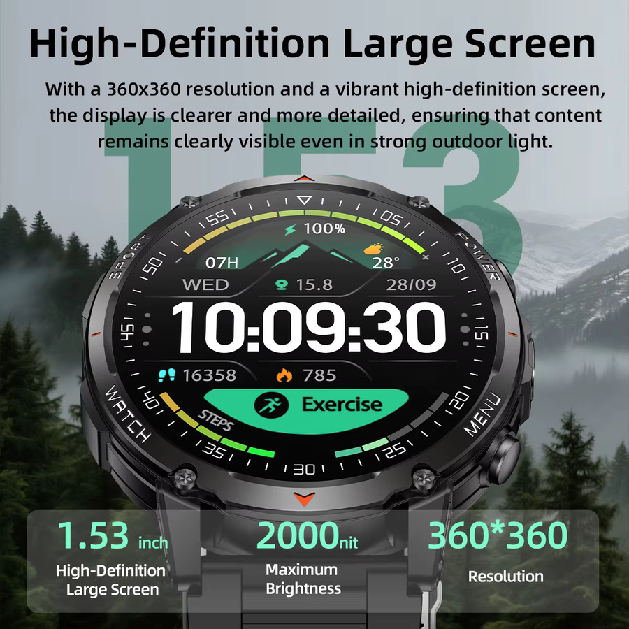 SIMSONLAB Militär-GPS-Smartwatch für Herren mit 1,53 Zoll AMOLED-Bildschirm, 10ATM Wasserdicht, SOS-Anruf und Taschenlampe, Schwarz - Bild 2