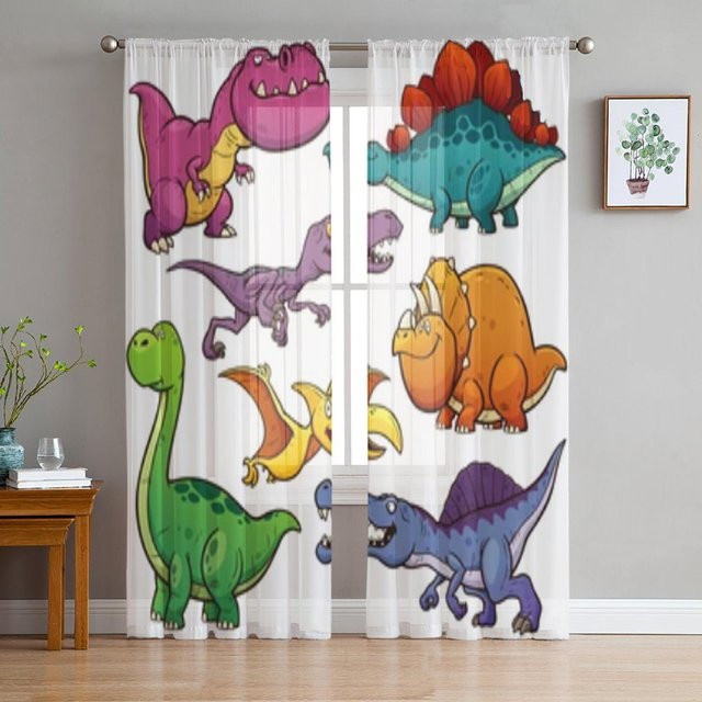 Super Six Dinosaurier Cartoon Tüllvorhang Transparent Braun B: 135 cm, H: 114 cm - Bild 1